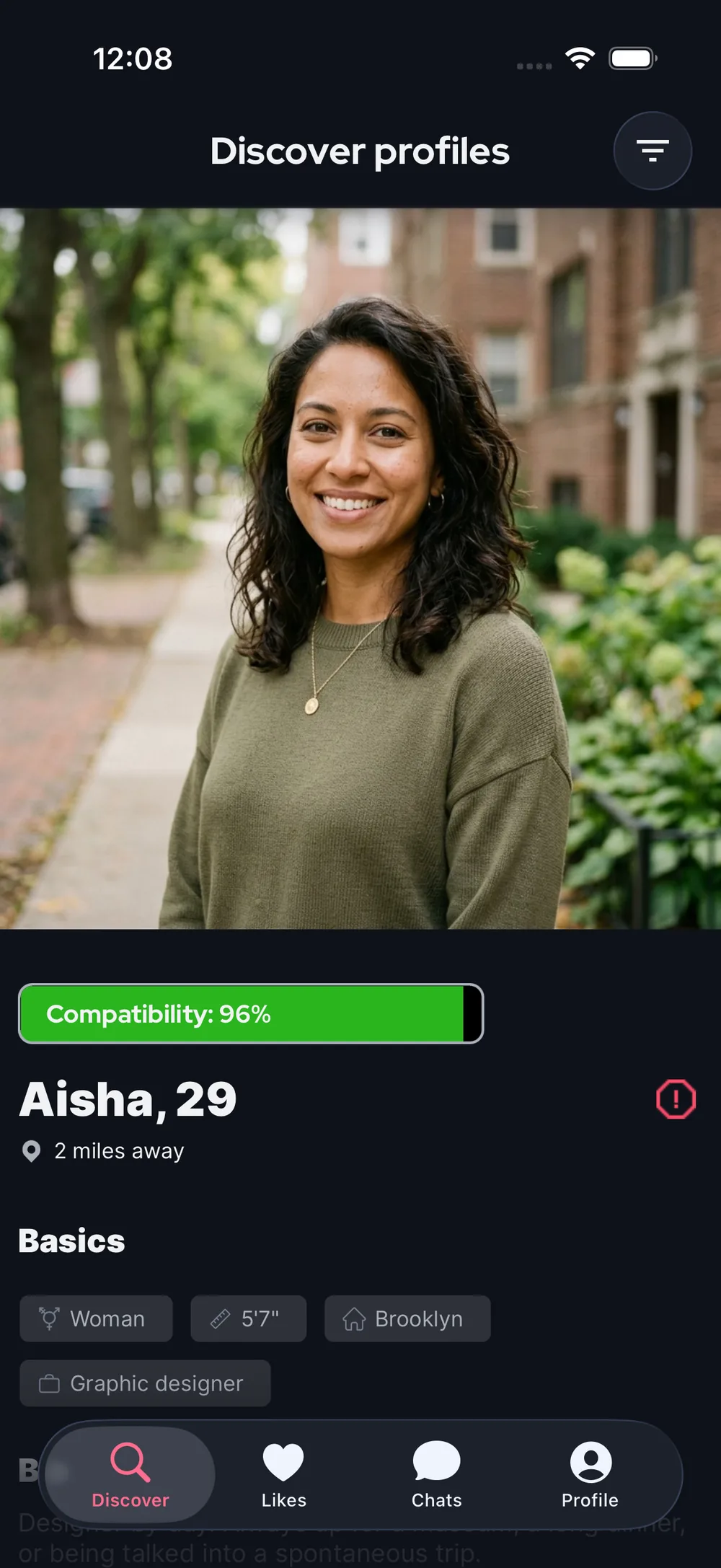 The BeeDee Discover screen, showing a profile with its BDSMTest compatibility score