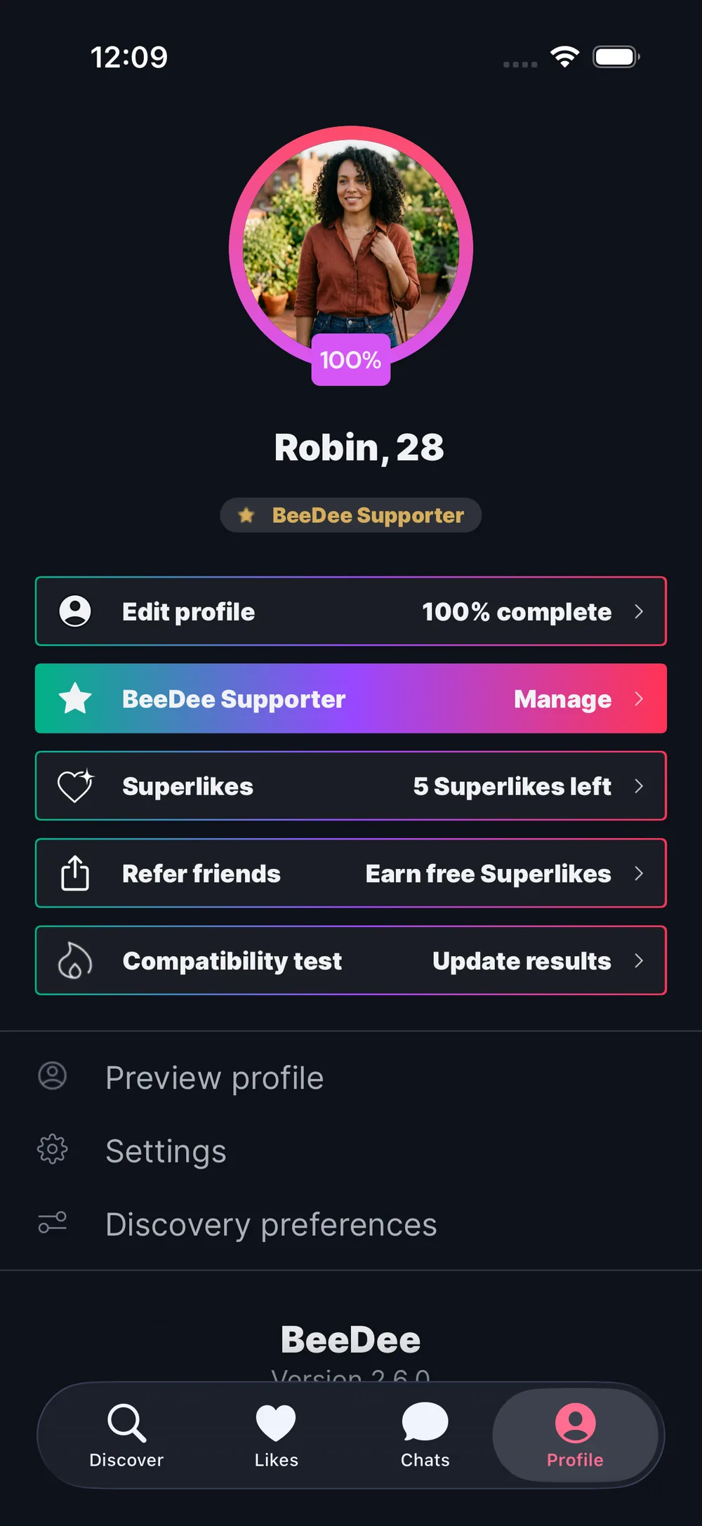 BeeDee profile screen showing a completed profile and its BDSMTest results