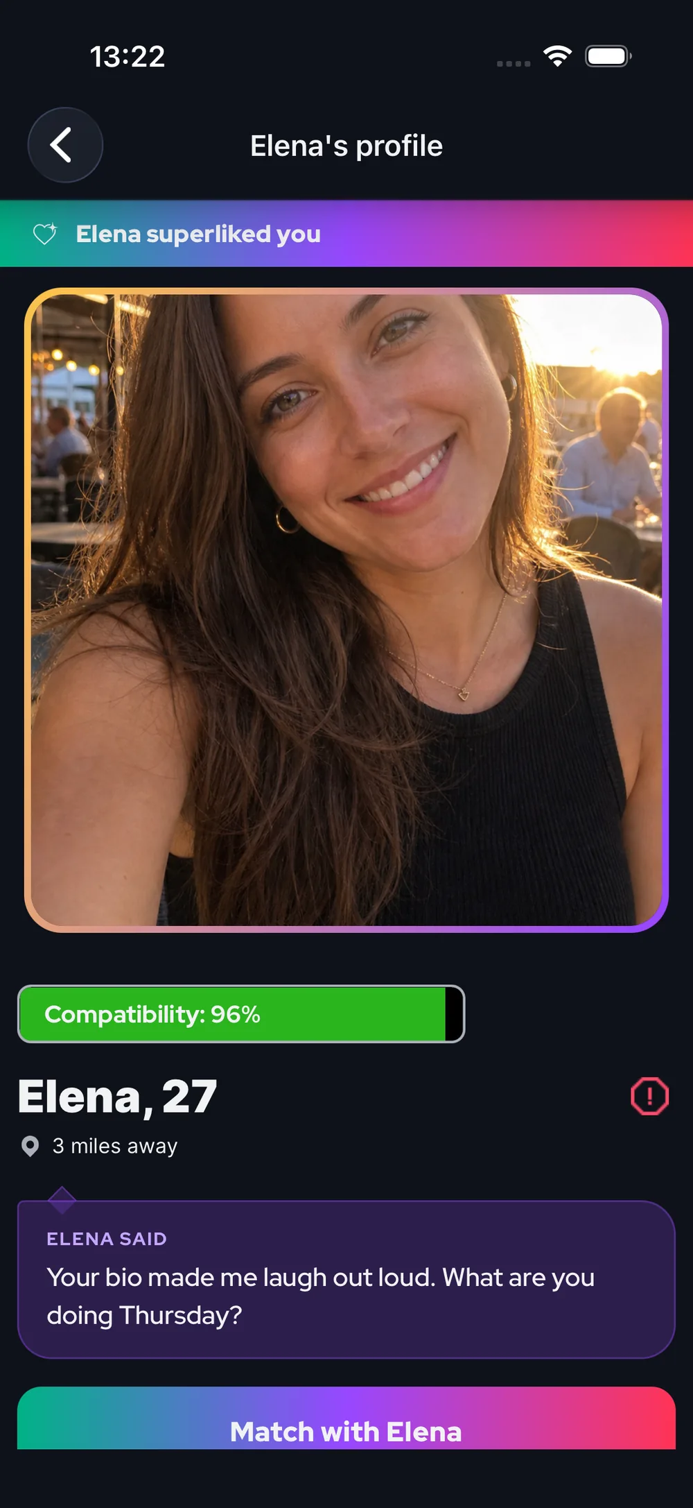 A BeeDee profile showing an incoming superlike with the sender's message and a 96% compatibility score