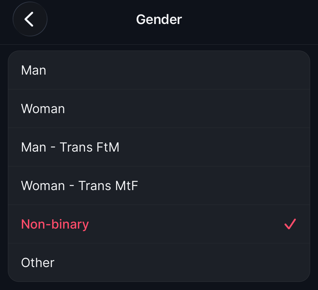 The gender options in the BeeDee app: Man, Woman, Man - Trans FtM, Woman - Trans MtF, Non-binary and Other